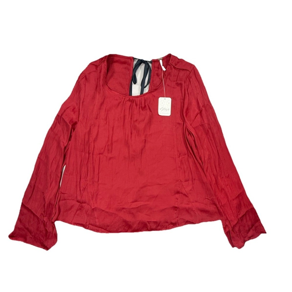 Free People Top Womens Medium Red Black Long Sleeve Evening  Satin Open Tie Back